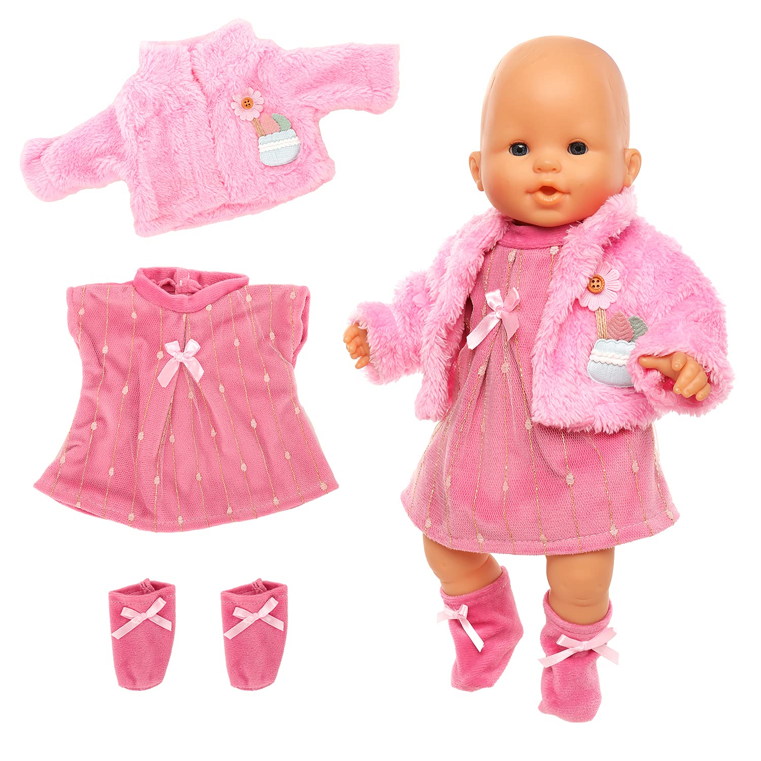 Miunana Sweet Doll Clothes New Dress Coat Socks for 14 Inch 16 Inch 17 Inch 35-43 cm Born Baby Doll, Baby Doll Clothes Outfits (Pink-Pluffy)