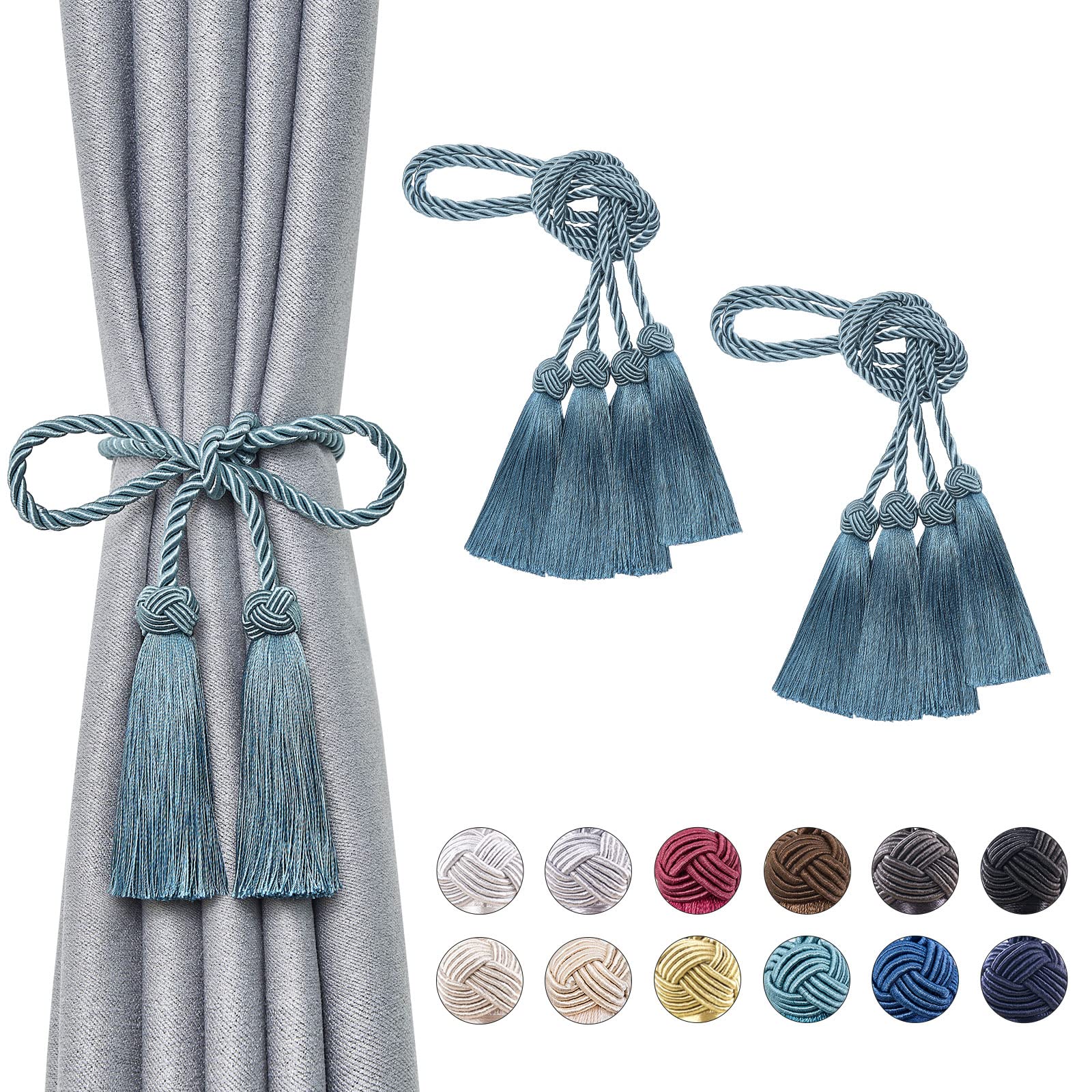 Pretty Jolly 4 Pack Double-ended Tassel Curtain Tiebacks Handmade Braided Rope Knot Drape Tie Backs European Style Decorative Curtain Holdbacks for Home & Office Window Drapery (Teal)
