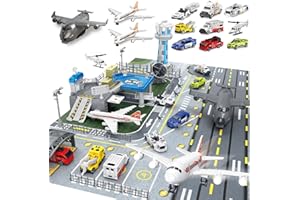 Frontoytall Airplane Toy Set, Boys Plane Playset with Die-cast Trucks, Helicopter, Control Tower, Parking Apron and Airport Playmat, Gifts for Toddler 3+ Years Old, Kids Presents for Birthday