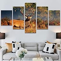 SIGNWIN 5 Panel Canvas Wall Art Modern Art Animals Dramatic Elephants Giraffe Multicolor Photography Southwest for Home Decorations Ready to Hang - 60