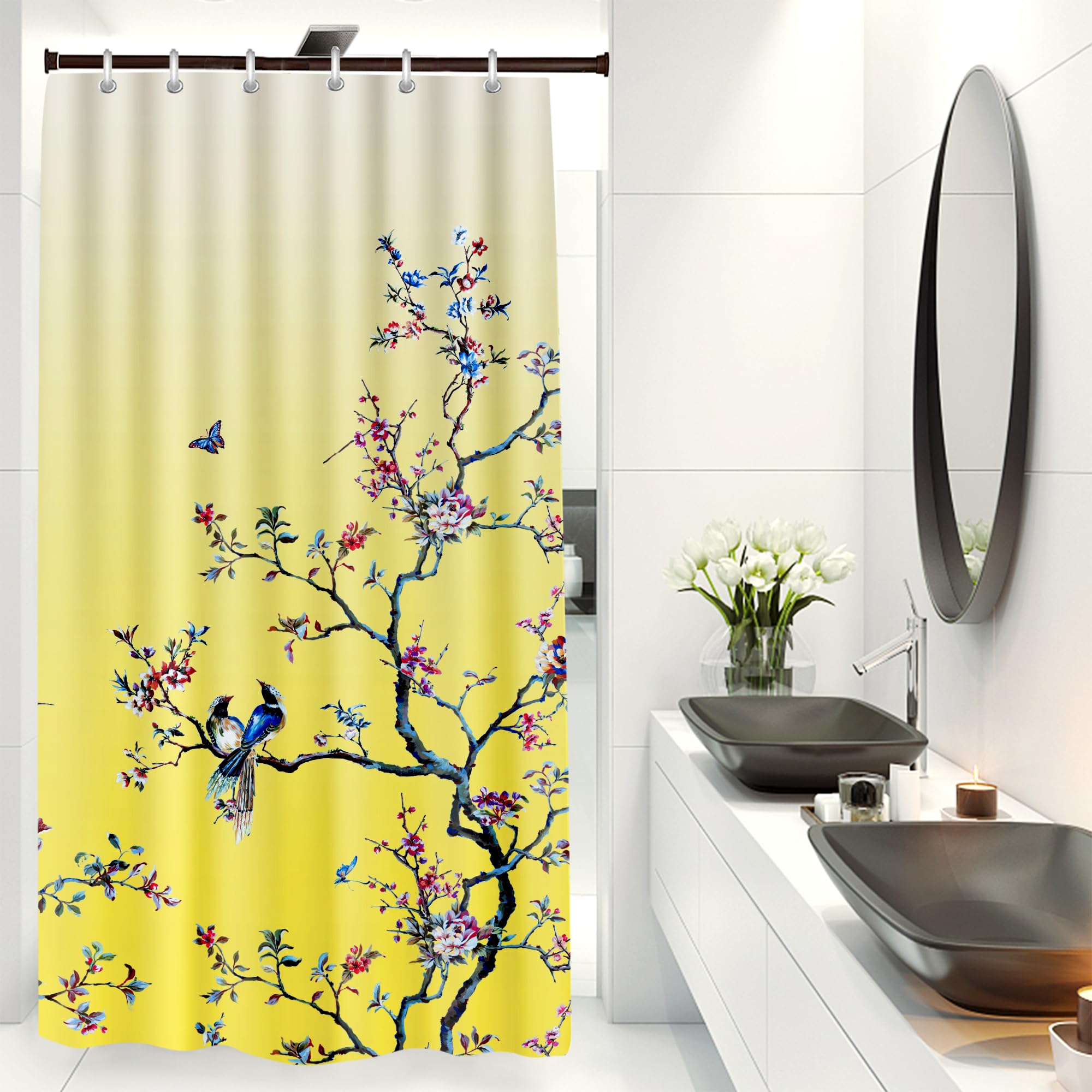 LIVETTY Yellow Bird Floral Shower Curtain 90cm × 180cm Mould Proof Butterfly Fabric Bathroom curtain For Women & Men With 12 Hooks Washable Quick-Drying Curtains — image 1