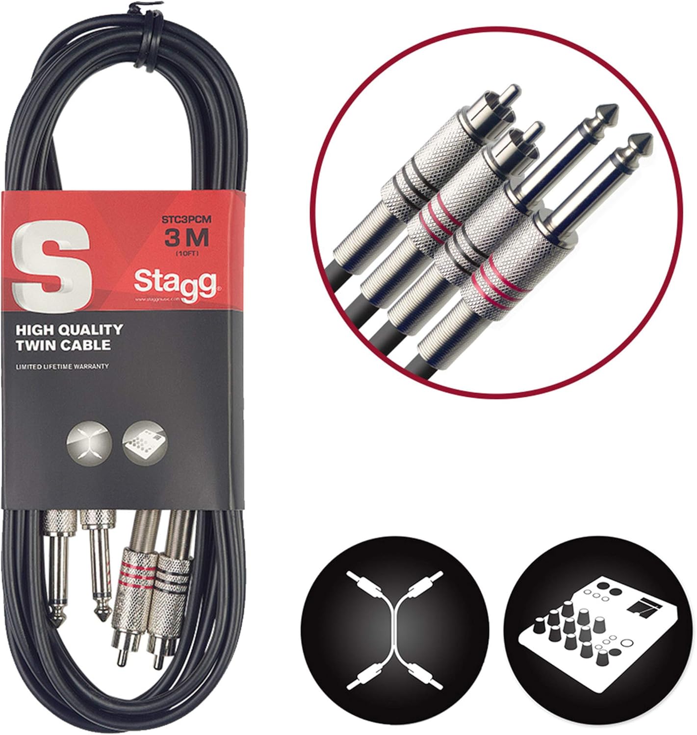 Stagg STC3PCM 3m/10 ft Twin Jack to RCA Phono Cable Black Amazon.co