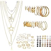 ZOVOLI 57 Pcs Gold Jewelry Set for Women,12 Pair Hoop Earrings,18 Pair Round Stud Earrings,21 Pcs Stackable Knuckle Rings,6 Pcs MultiLayer Pendant Necklaces,Fashion Accessories for women Gifts