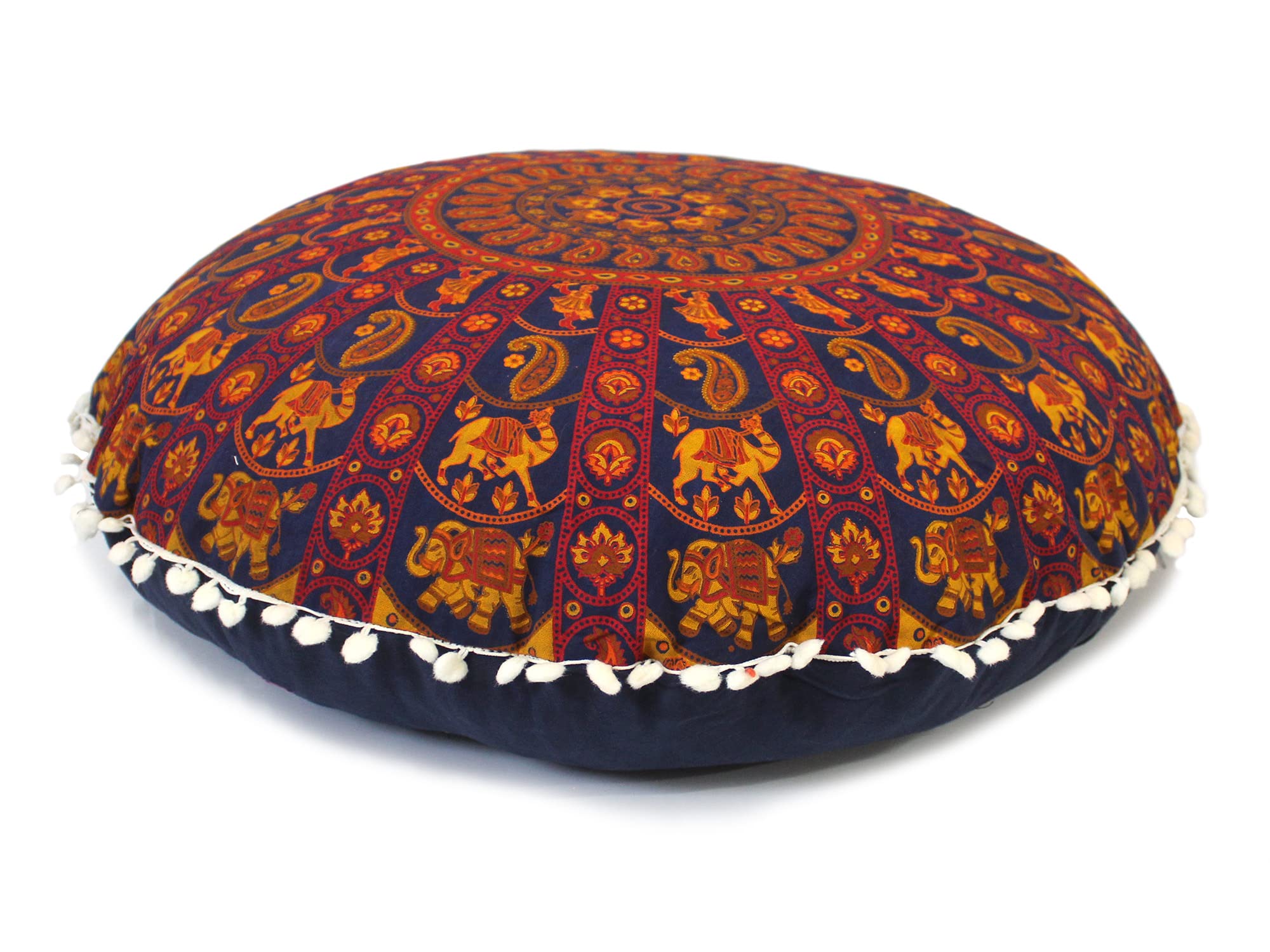 Round Mandala Floor Pillow Cover Seating Cushion Throw Cover Hippie Decorative Bohemian Ottoman Pouf Cover, Pom Pom Pillow Cases,Boho Indian 22 Inches (Orange) — image 1