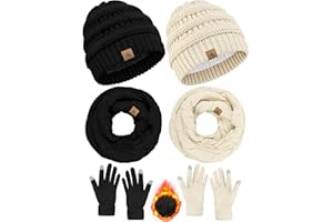 LOROME Winter Beanie Hat Scarf Gloves, 2 Set Warm Fleece Knit Winter Hats Touch Screen Gloves Neck Scarf Set Winter Gifts Women
