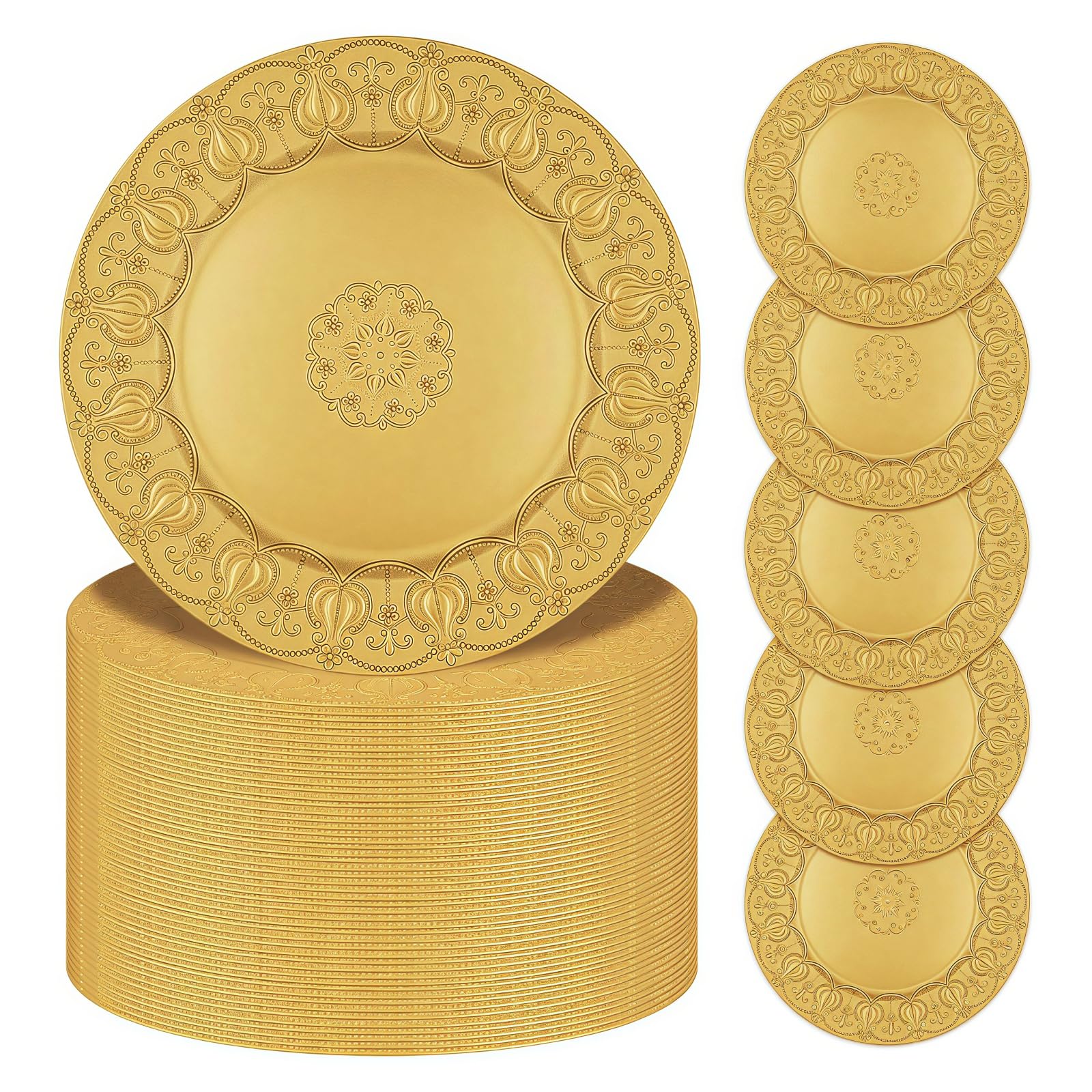 Photo 1 of 100 Pcs Gold Charger Plates, 13 Inch Plates Bulk, Plastic Reef Plate Chargers, Matte Chargers for Dinner Plates Round Decorative Dishes, for Wedding Party Holiday Event Supplies(Embossed Rim)