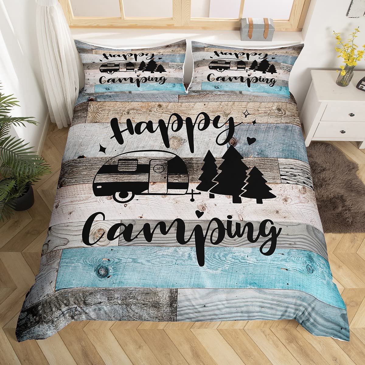 Happy Camping Duvet Cover Set King for Girls Boys Kids Western Farmhouse Wood Bedding Set Bedspread Cover RV Camper Wild Adventure Comforter Cover with 2 Pillow Sham Zipper Ultra Soft Microfiber