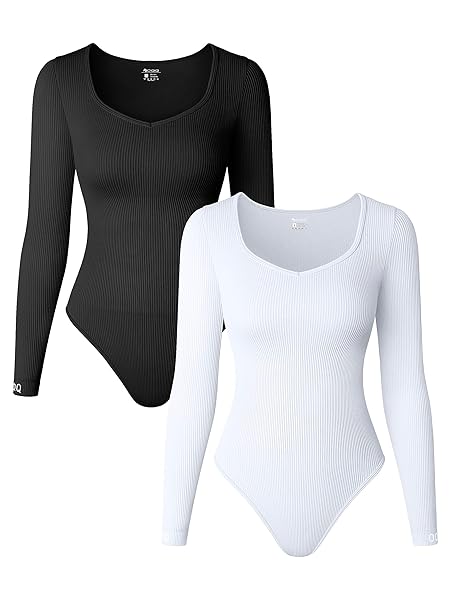 OQQ WOMEN’S 2 PIECE SEXY RIBBED LONG SLEEVE TOP BODYSUIT, BLACK,WHITE, LARGE