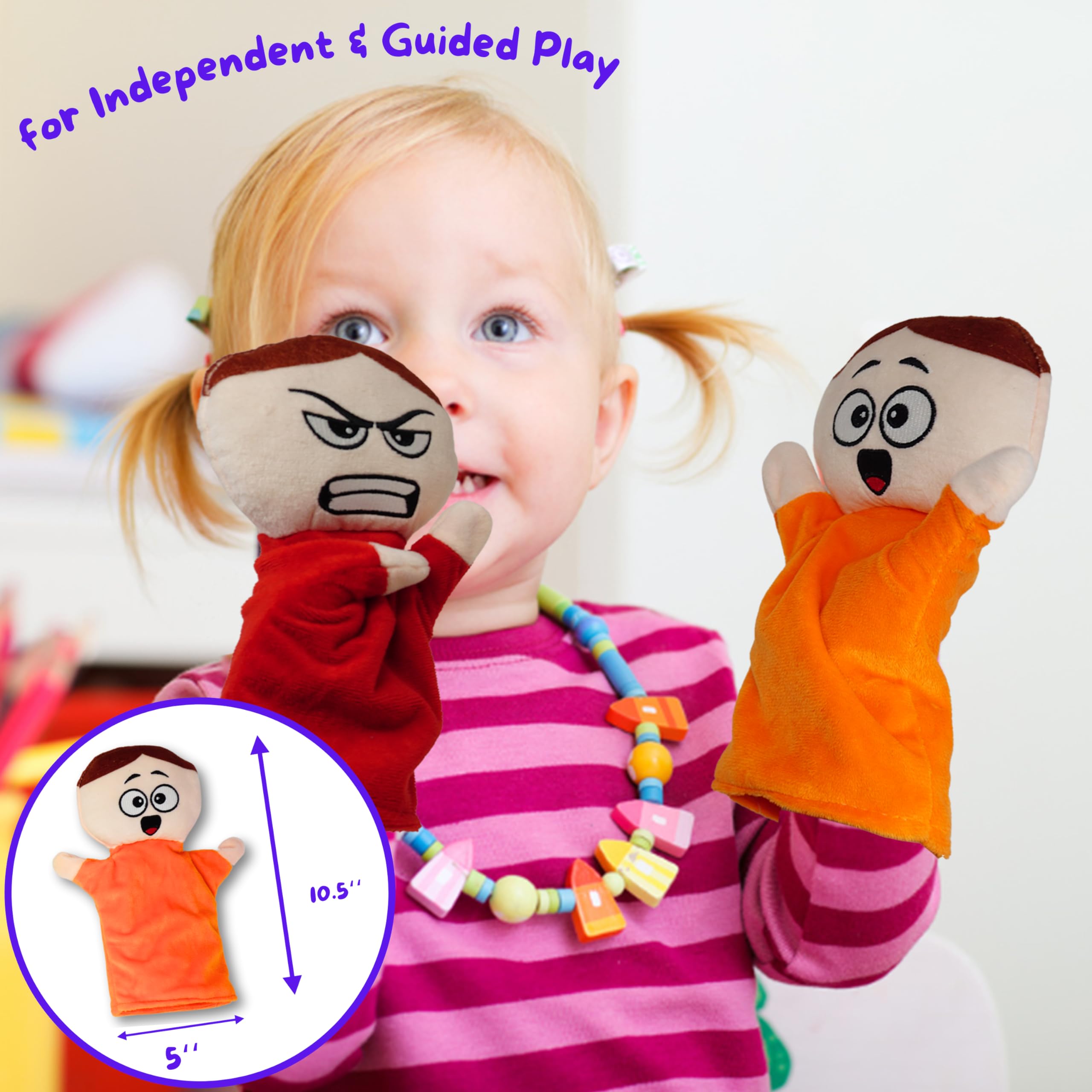 4E's Novelty Feeling Hand Puppets for Kids with 6 Emotions, with Moveable Arms, Soft Plush Hand Puppets for Toddlers, Early Education Toys, Social Emotional Learning Activities - Pack of 6