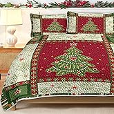 BlessLiving 3 Piece Cute Christmas Tree Quilt Set Red Green Queen Size Snowflakes Pattern Bedspread 90 x90 Inches Lightweight Coverlet Summer Comforter Set Bed Cover (1 Quilt + 2 Shams)
