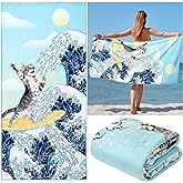Funny Cat Beach Towel, Surfer Cat Beach Towel Battle Blue Ocean Great Wave Cotton Blend Soft Velour Absorbent for Kids Men Women Camping Towel for Gym, Hiking, Pool, Bath, Yoga,Travel Vacation