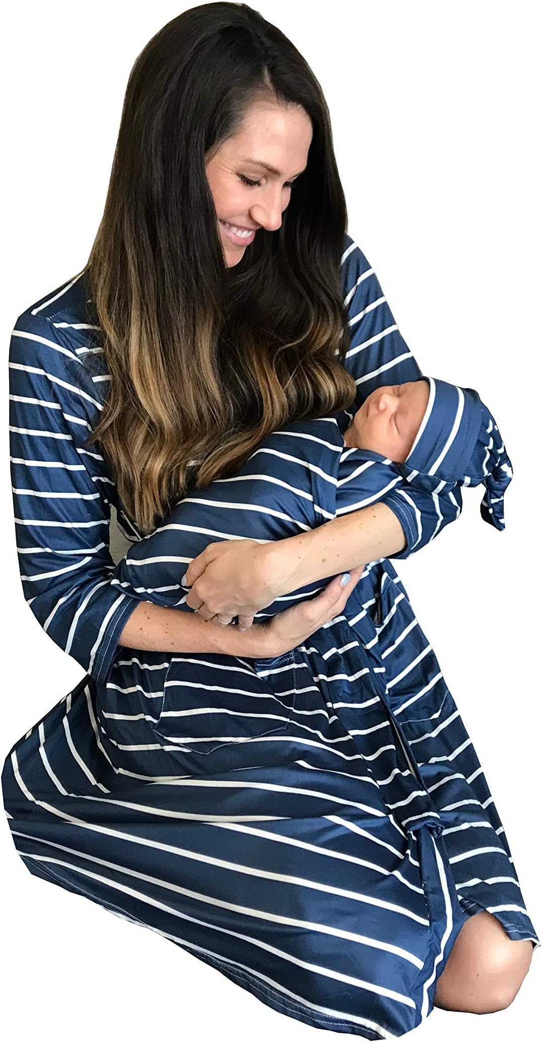 Mommy Robe with Matching Baby Swaddle Blanket and Cap - Blue Stripes (Small-Medium)