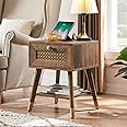 Mid Century Modern End Table for Living Room, Rustic Oak Small Side Tables with Charging Station, Outlets and USB Ports, Wood Nightstand with Storage Drawer and Open Shelf