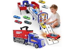 SpringFlower Carrier Truck Race Track Toys, Boy Toys for 3 4 5 6 Years Old Boys with Lights Sounds, Transporter Race Track with 6 Die-Cast Car, Vehicle Toy for Kids Birthday Gifts