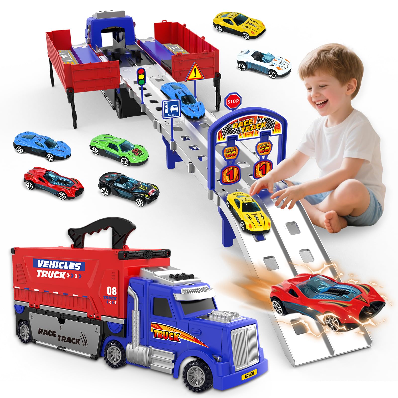 Photo 1 of ***(PARTS ONLY/ MISSING PARTS/ NON FUNCTIONAL)***SpringFlower Carrier Truck Race Track Toys, Boy Toys for 3 4 5 6 Years Old Boys with Lights Sounds, Transporter Race Track with 6 Die-Cast Car, Vehicle Toy for Kids Birthday Gifts