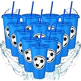 Domensi 12 Pcs Sport Soccer Plastic Cups with Lid and Straw 24 oz Reusable Plastic Cups Coffee Tumblers Gift for Fan Friend Guest Birthday Office Sport Party Supplies (Blue)