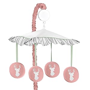 Musical Baby Crib Mobile for Coral, Mint and Grey Woodsy Deer Girls Collection