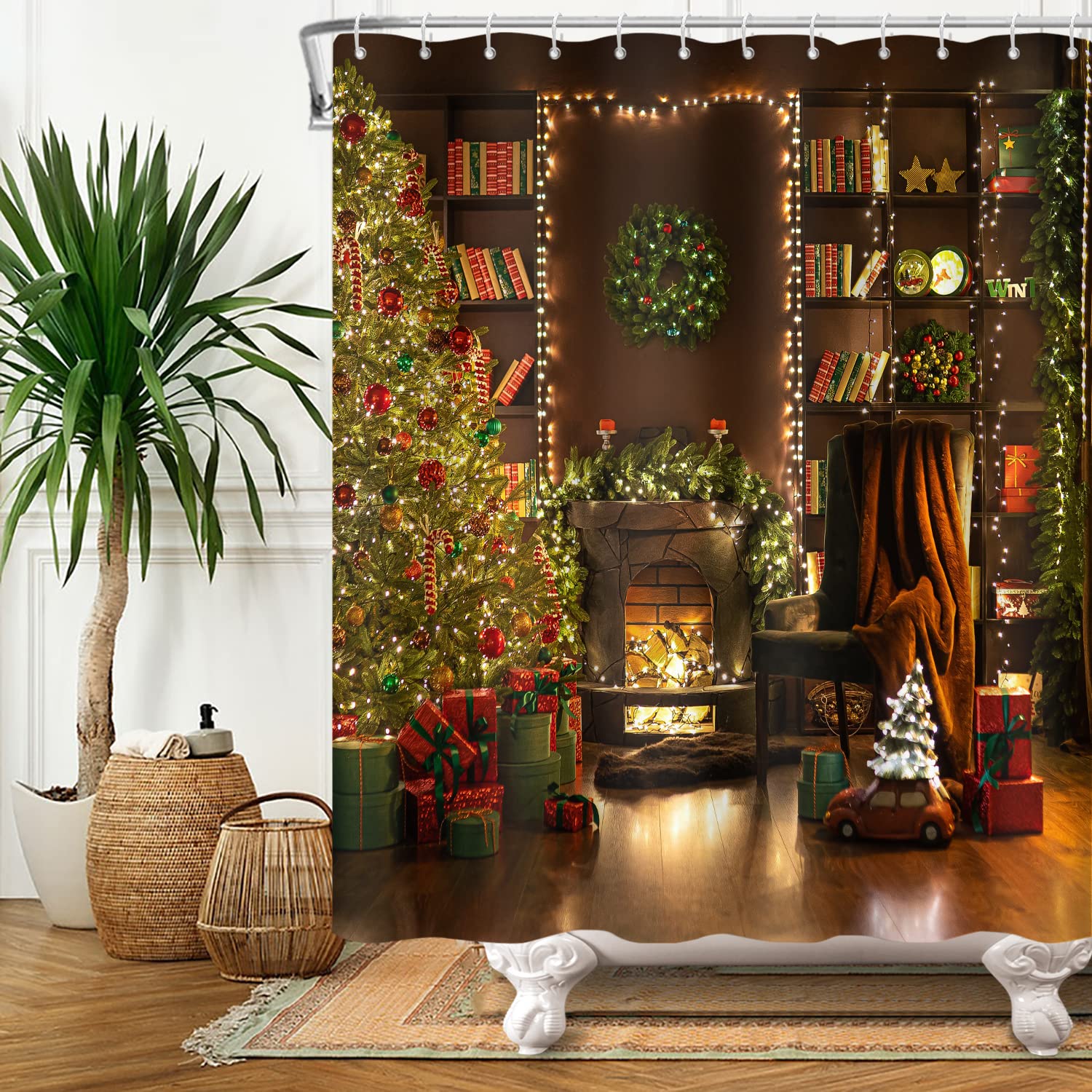 SDOTPMT 180x243cm Merry Christmas Shower Curtain Christmas Tree Fireplace Gift Bath Curtain Vintage Book Shelf Winter Holiday Pine Tree Leaf Curtain for Kids Bathroom Fabric Polyester with Hooks
