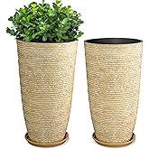 QCQHDU Set of 2 9 Gallon Tall Large planters for Outdoor/Indoor Plants of 12" Dia x 21" H Round Flower Pots Set Faux Stone Finish Front Door Patio Square Porch Planters with Tray, Beige