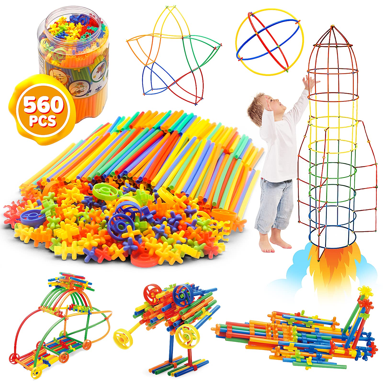 560 Pieces Construction Straws and Connectors Toys, Fort Building Toys for Kids, STEM Creative Building Games for Boys and Girls Ages 4 5 6 7 8 Years Old