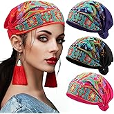 Silicherry 4 Pcs Women Ethnic Style Head Wrap Beanie Caps Vintage Embroidery Flowers Bandanas for Women, Red Black Blue Pink