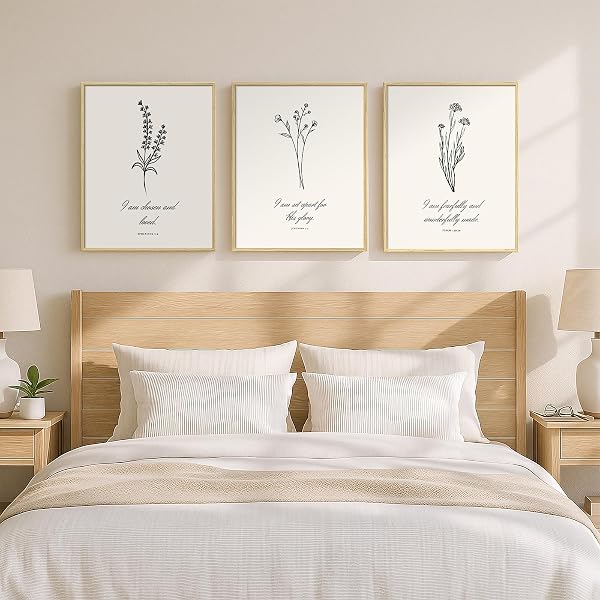 FRAMED CHRISTIAN WALL ART SET OF 3, MINIMALIST BOTANICAL SCRIPTURE PRINTS CHRISTIAN FLORAL ARTWORK I AM VERSES, RELIGIOUS INSPIRATIONAL DECOR FOR LIVING ROOM BEDROOM PRAYER ROOM, 12X16 INCH