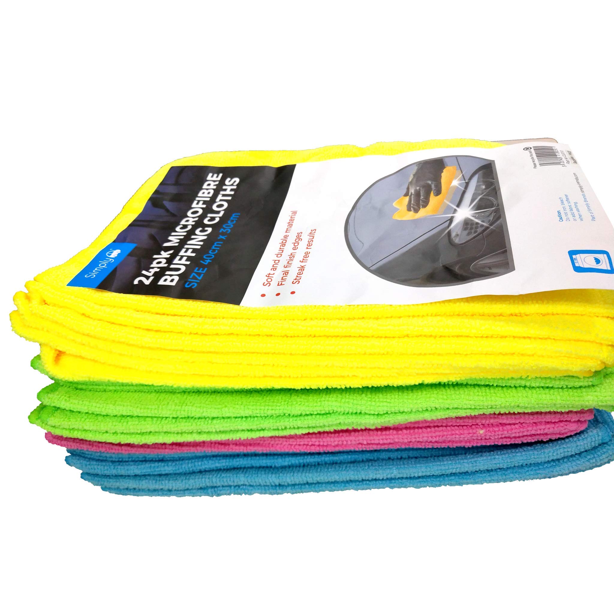 Simply CLE010 Soft Microfibre Buffing & Clean Clothes for Automotive, Kitchen and Home Cleaning - Quick Drying & Machine Washable for Re-Usability - Pack of 24, 40 cm x 30 cm per Cloth