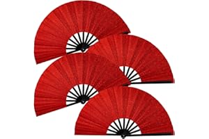 SIISSAPEKSID 4 PCS Boots on The Ground Fan, Clap Fans for Line Dancing, 13" Glitter Large Rave Fans,Folding Clack Handheld Foldable Hand Fan for Dance, EDM Music Festivals & Parties(Red)