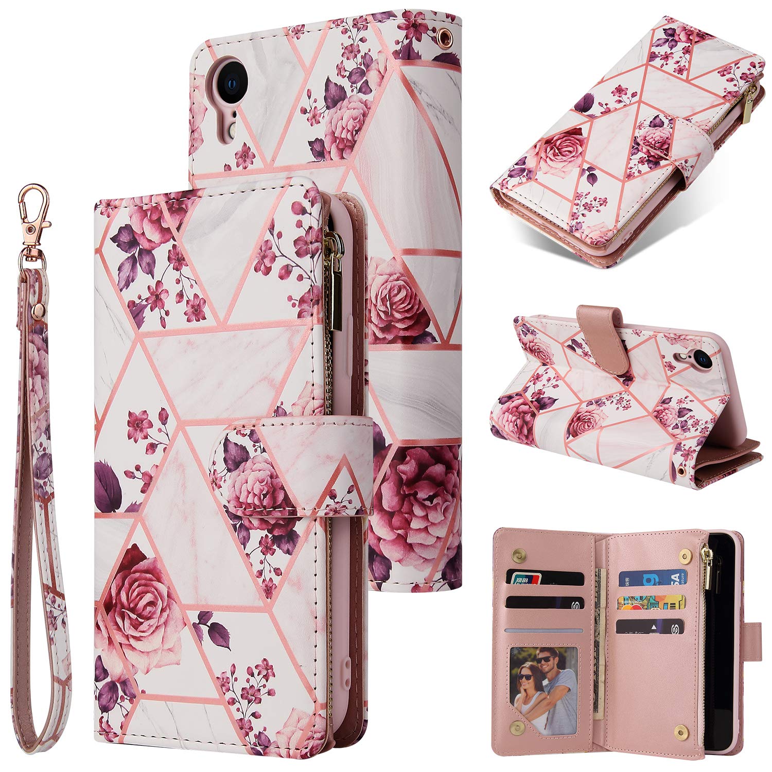 QLTYPRI Case for iPhone XR, Large Capacity Leather Wallet Case 6 Card Holder & 1 Zipper Pocket Kickstand Wrist Strap Magnetic Protective Cover for iPhone XR - Rose Gold — image 1