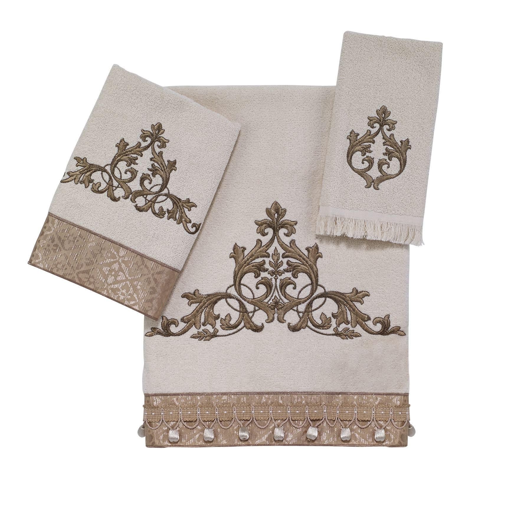 Avanti Linens - 3pc Towel Set, Soft & Absorbent Cotton Towel, Embroidered Bathroom Accessories (Monaco Collection, Ivory)