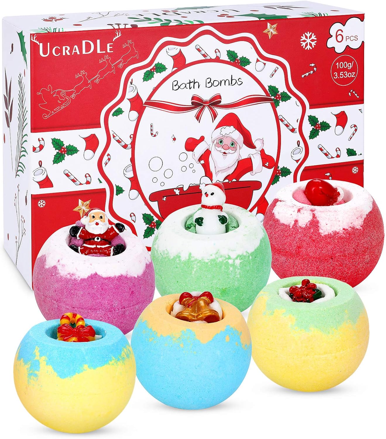 Ucradle Bath Bombs Christmas, 6 Pack Kids Bath Bombs Gift Set with