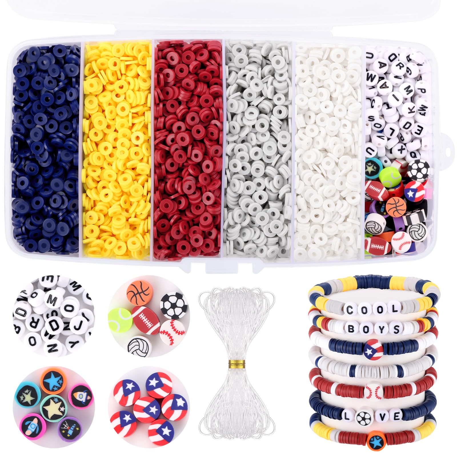 Photo 1 of Red White and Blue Clay Beads, Clay Beads for Bracelet Making, Funtopia 5000 Pcs Heishi Flat Round Bead, Friendship Bracelet Kit with Letter Sports Bead, Birthday DIY Craft for Boys Adults