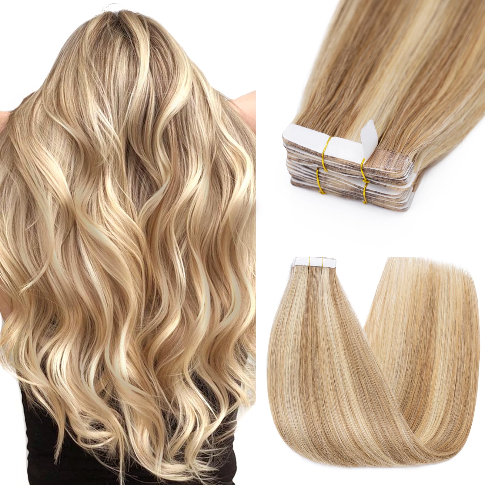 Silk-co Real Remy Tape in Straight Human Hair Extensions 10pcs 14inch #12P613 Golden Brown&Bleach Blonde Balayage Seamless Tape on Hair Extension Straight Human Hair