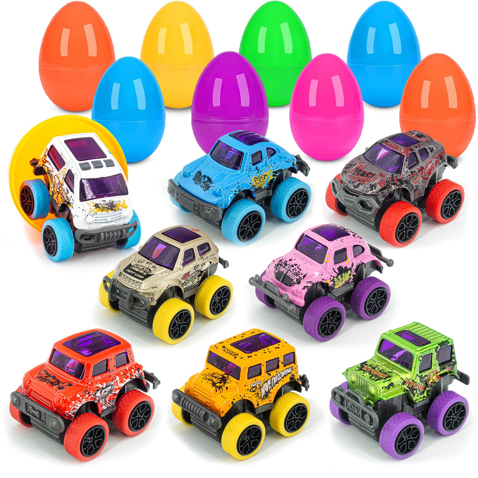 Toyard Easter Basket Stuffers for Boys Age 3-6 – Pull Back Monster Trucks for Easter Egg Hunt, Party Favors, and Prefilled Easter Eggs, Set of 8
