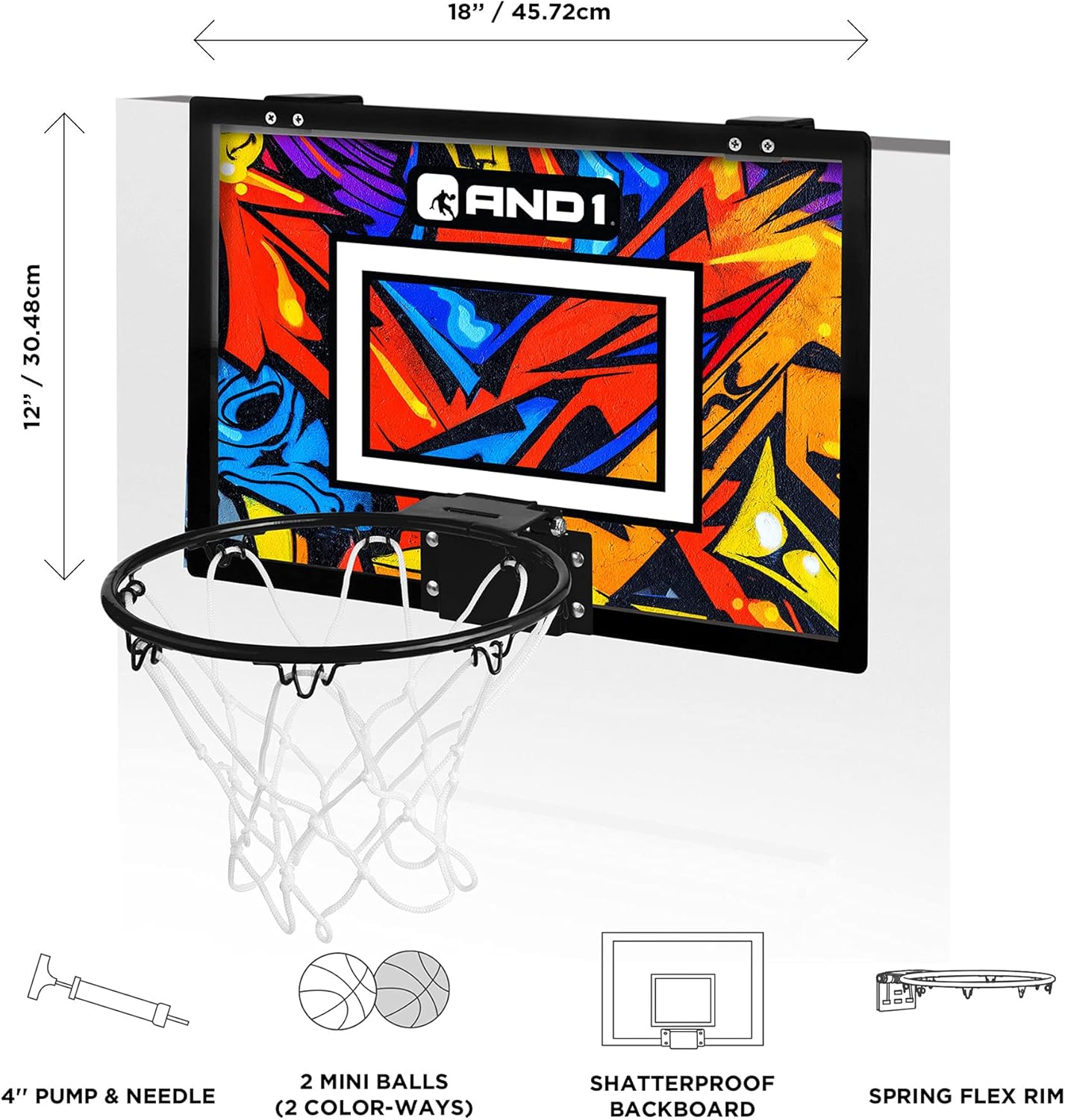 AND1 Mini Basketball Hoop: 18”x12” Pre-Assembled Portable Over The Door with Flex Rim, Includes Two Deflated 5” Mini Basketball with Pump, for Indoor, Orange/Blue : Sports & Outdoors