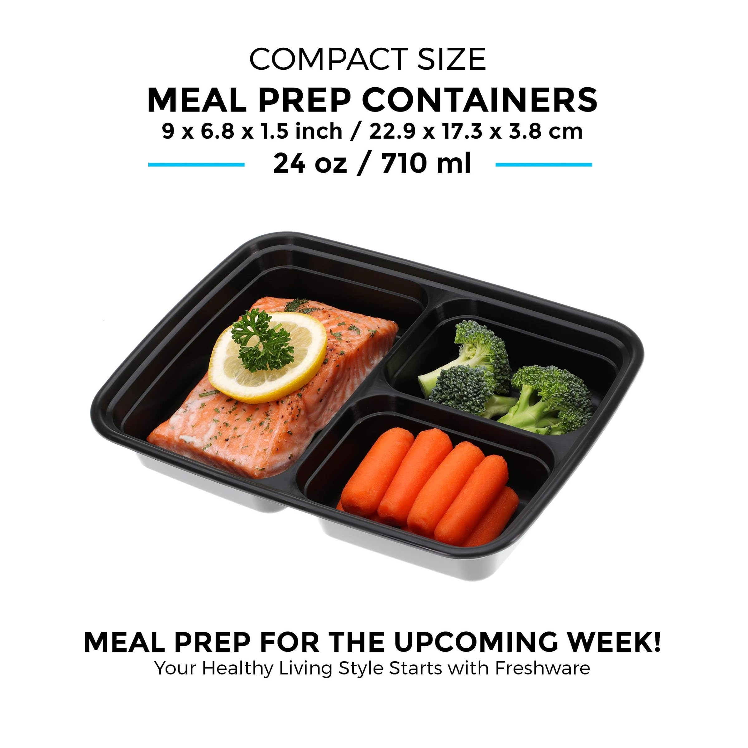 Freshware Meal Prep Containers 21 Pack 3 Compartments with Lids Food Storage Bento Box | BPA Free | Stackable | Lunch Box, Microwave/Dishwasher/Refrigerator Safe, Partial Control, 21 Days Fix (24 Ounces)