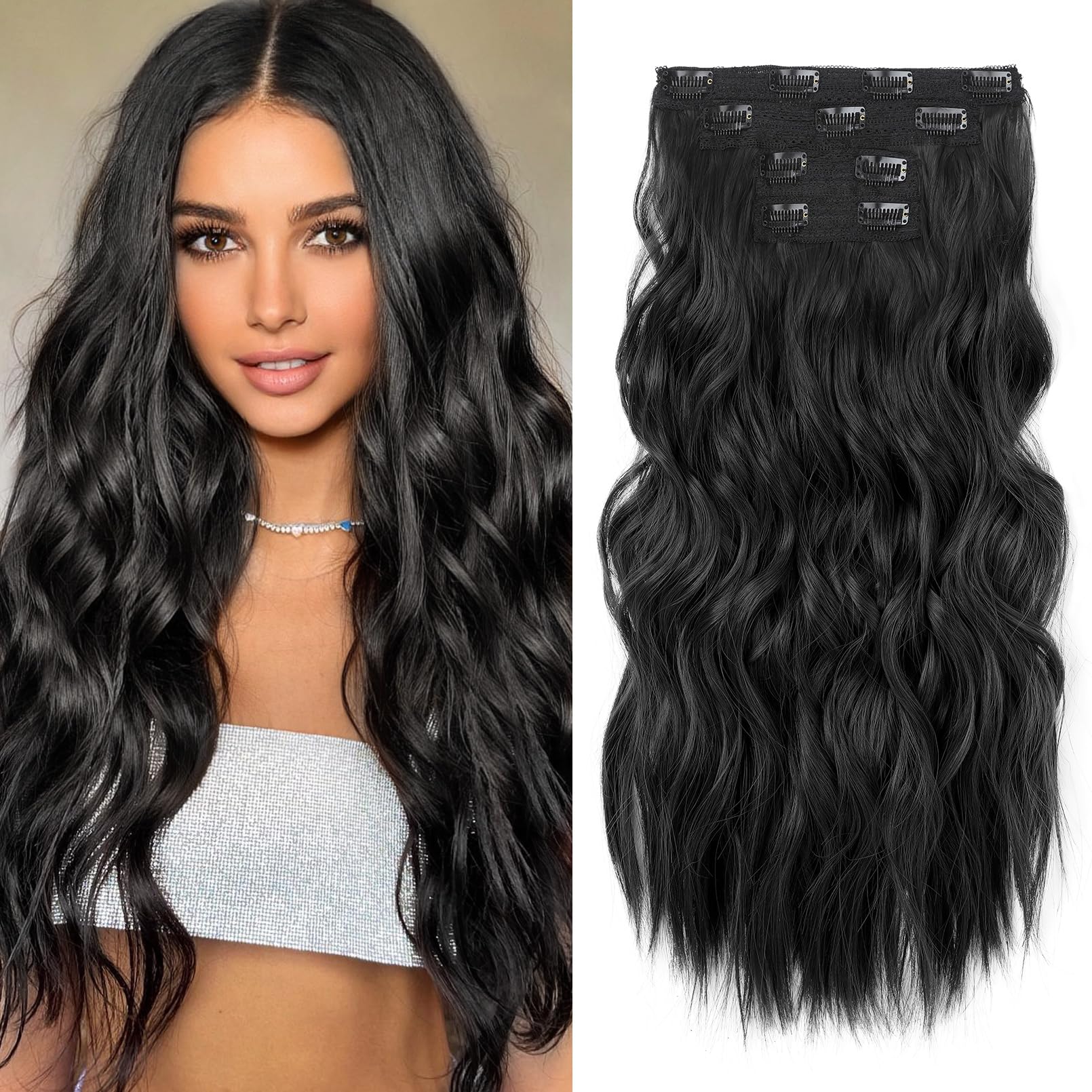 Photo 1 of REECHO Hair Extensions, 4PCS Clip in Hair Extensions 24" Thick Long Beach Waves Black hair extensions HE003 Invisible Lace Weft Natural Soft Synthetic Hairpieces for Women – Black