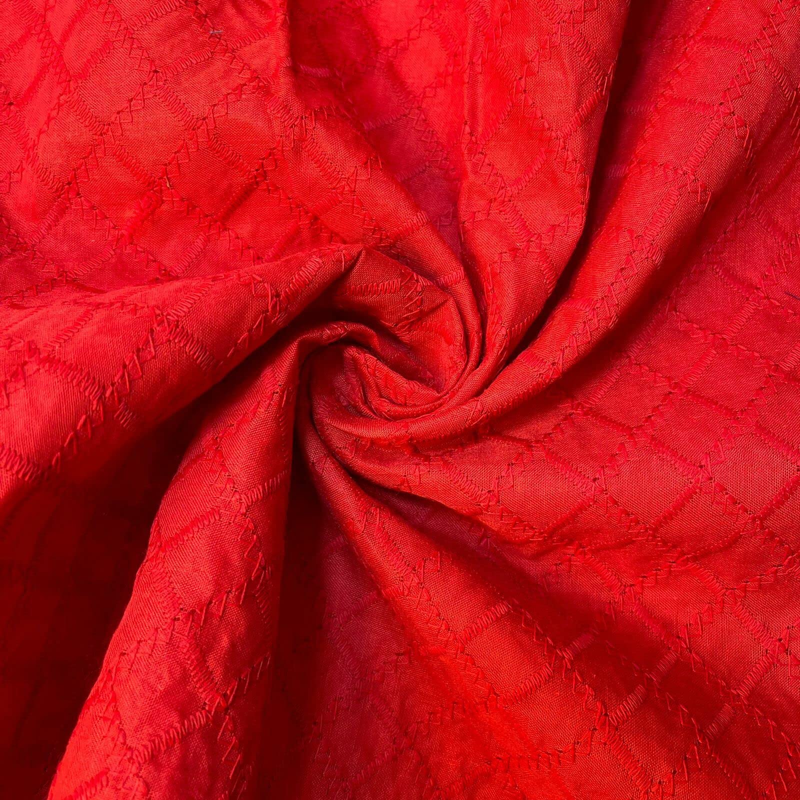 Indian 100% Cotton Lawn All Over Border Broderie Anglaise Embroidered Dress Craft Fabric Material 44" - 112 cm Wide Sold As Pre - Cut Lengths (5 Meter, Deep Red)