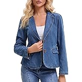 CIMUK Women's Denim Jacket Notched Lapel Collar Long Sleeve Button Lightweight Fitted Denim Blazer
