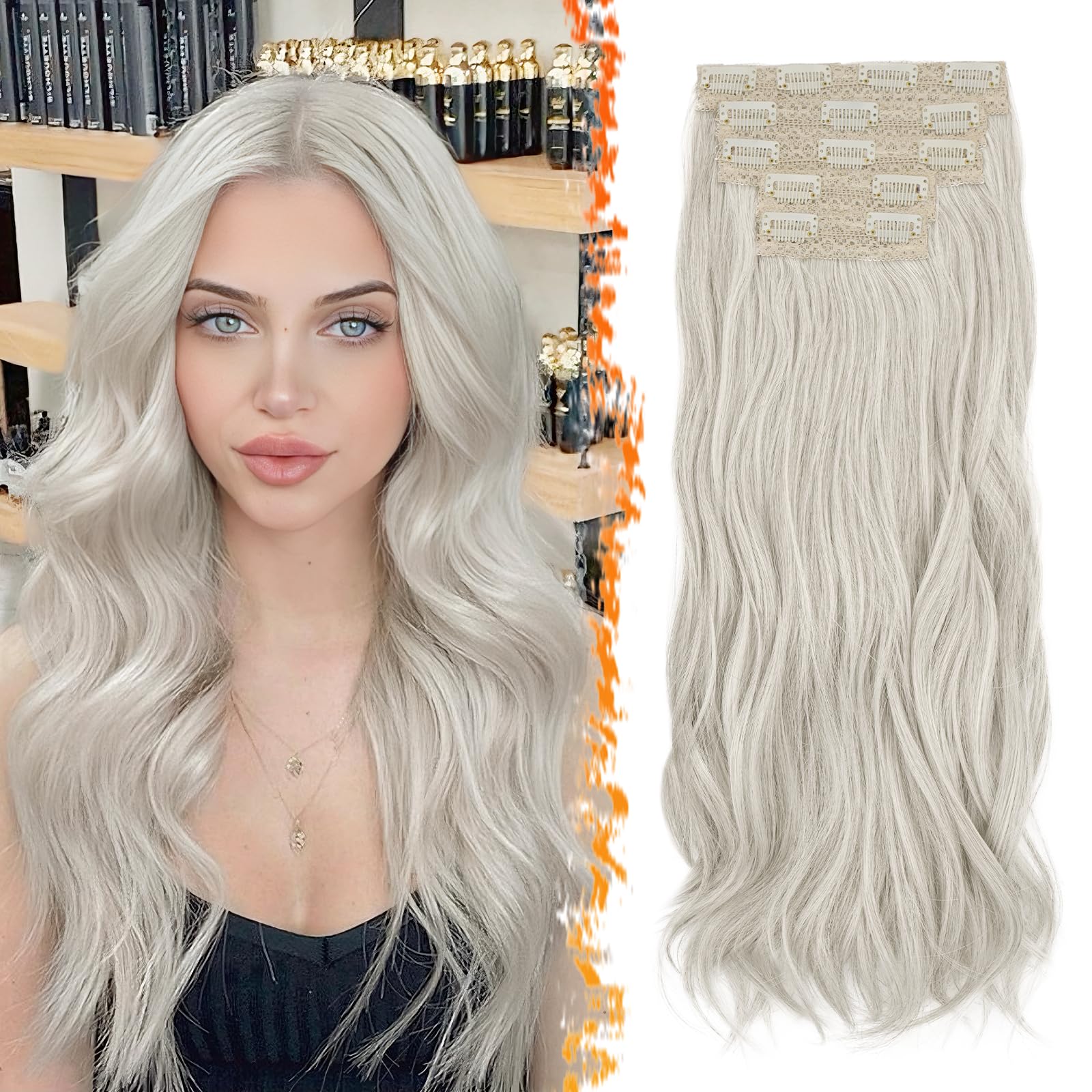 Photo 1 of BARSDAR Gray Clip in Hair Extensions - 20 Inch Soft Wavy Clip in Hair Extensions for Women - 5 PCS Voluminous Soft Layered Extension Lace Weft Easy Wear Synthetic Silver Grey Hairpieces