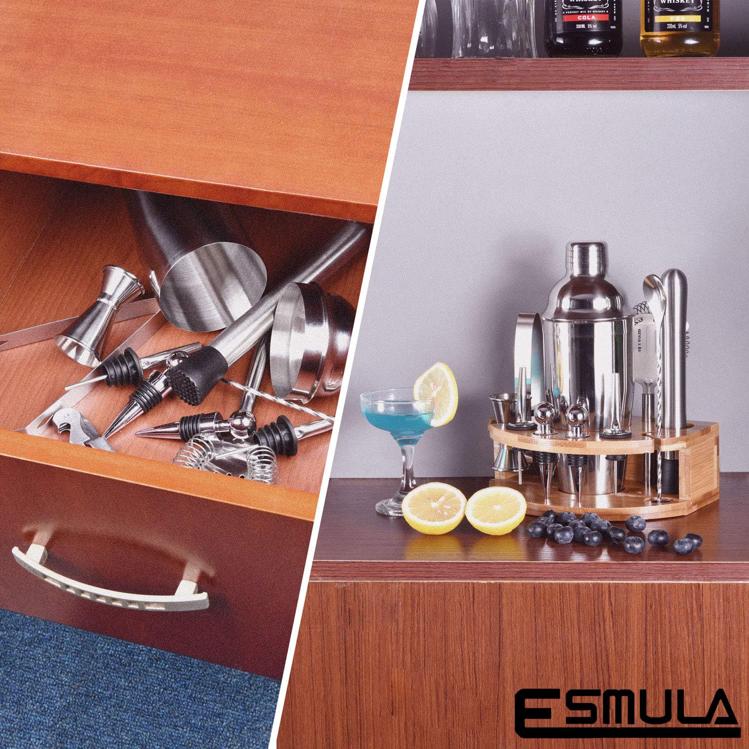 Esmula Bartender Kit with Stylish Bamboo Stand, 12 Piece 25oz Cocktail Shaker Set for Mixed Drink, Professional Stainless Steel Bar Tool Set, Gift for Man Dad- Cocktail Recipes Booklet (Silver) - Image 5
