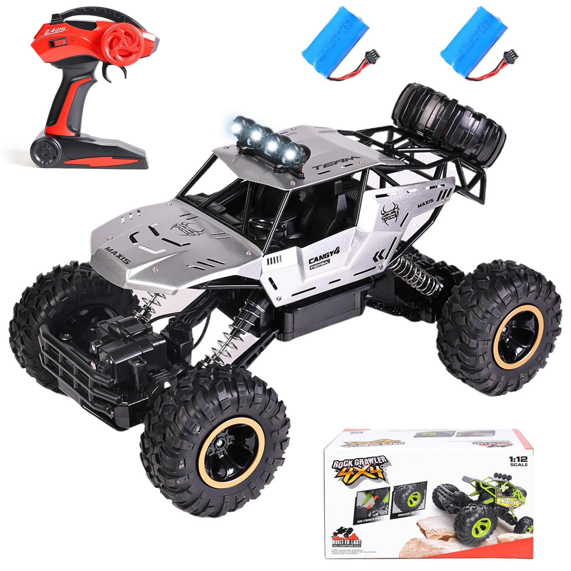1:12 RC Car RC Monster Truck Remote Control Car 4WD Off-Road Radio Controller Cars Monster Truck, Metal Shell with 2 Batteries Large 38CM For Kids,Multiplayer Play Vehicles 5 Colors (Silver) — image 1