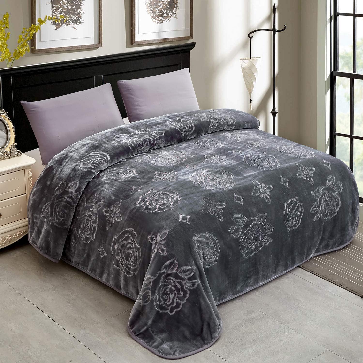 JYK Luxury Fleece Plush Blanket 3.5 LB, 1 Ply, Korean Mink Blanket for Winter (Size 79" x 91") - Super Soft and Warm, Lightweight and Cozy Fuzzy Solid Color Embossed Flannel Blanket for Bed, Grey