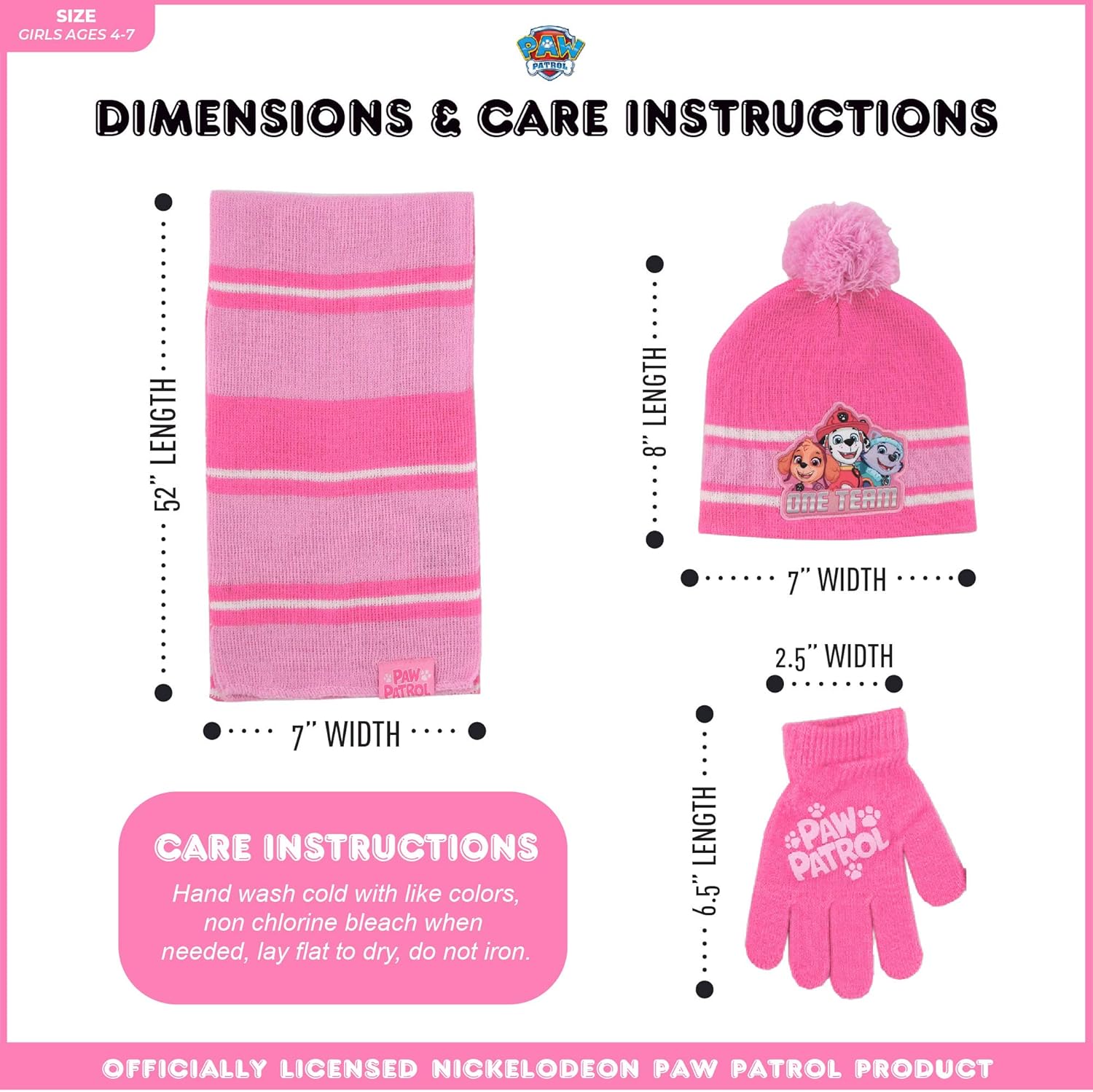 Nickelodeon Girls' Paw Patrol Hat, Scarf Cold Weather, Pink Glove Set Age 4-7, Mittens or Gloves Set-Age 2-7: Clothing