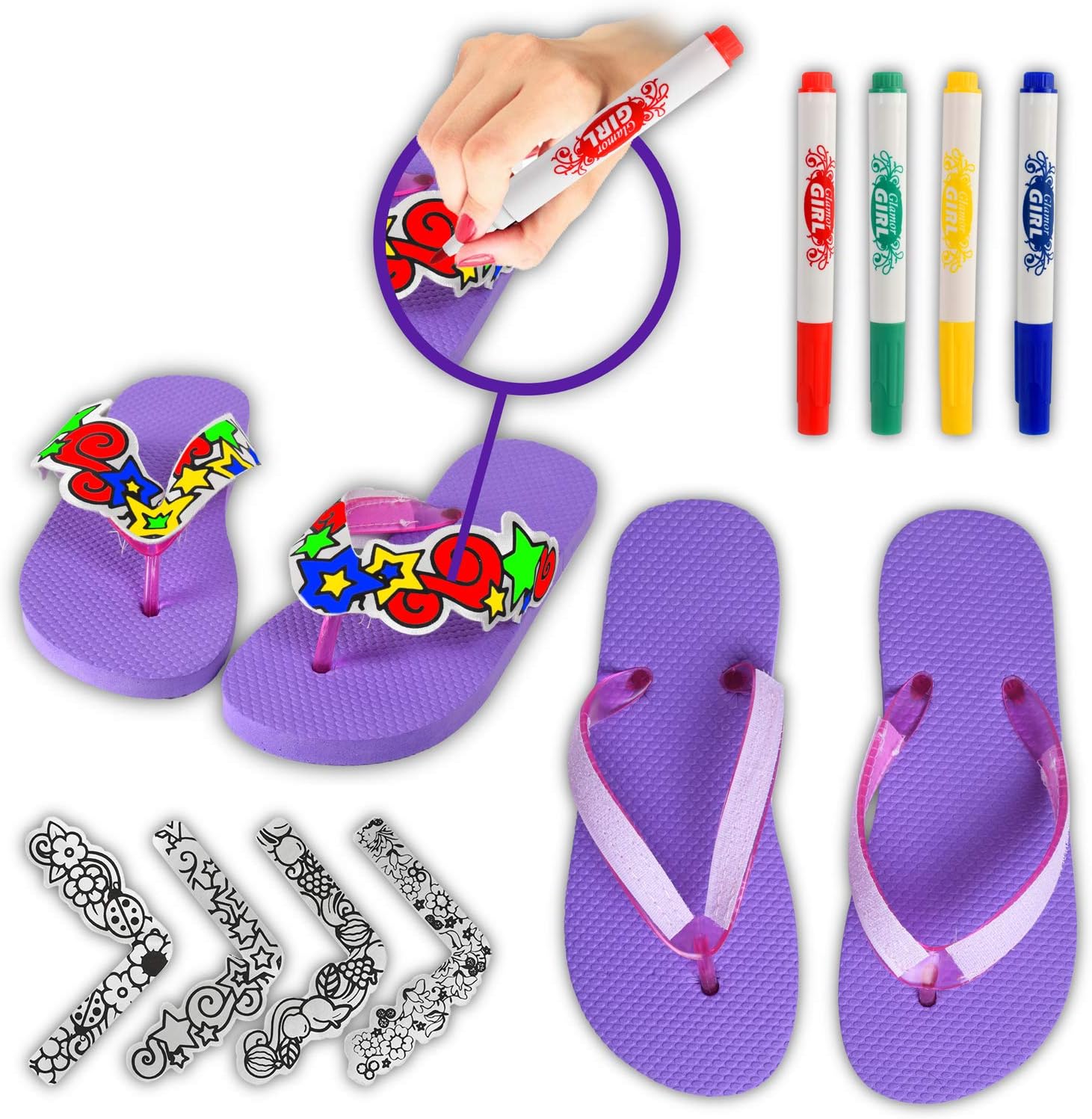 WolVol Do-It-Yourself Girls Flip Flops - Adorable Slippers with Art & Colorful Markers - Boost Creativity & Imagination for Girls