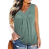 Eytino Plus Size Tank Tops for Women Summer V Neck Pleated Front Loose Casual Sleeveless Shirts Blouse(1X-5X)