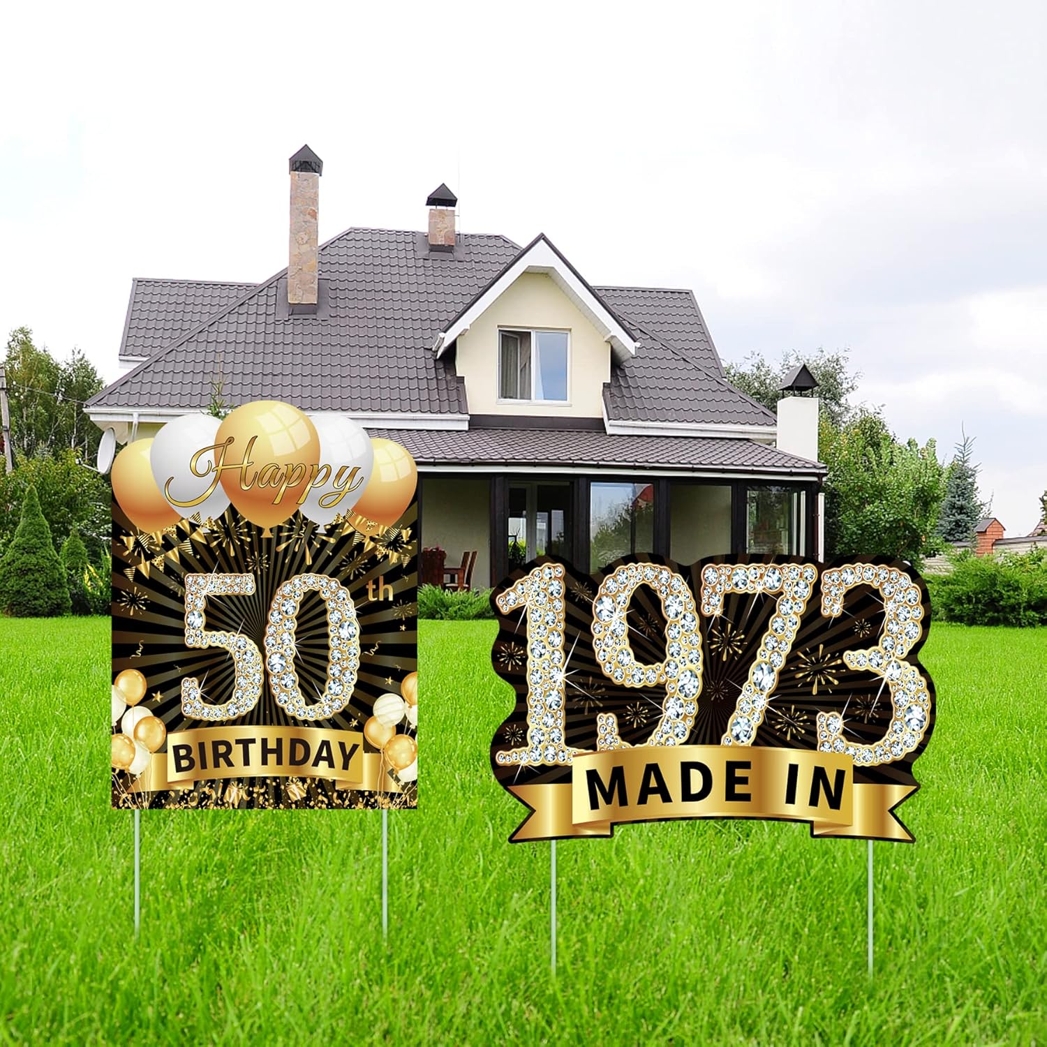 Yard Signs - 2Pcs 50th Birthday Yard Signs Decorations - Happy 50th Birthday Yard Sign and Made in 1973 Lawn Sign, Funny Yard Signs with Stakes for Men and Women, Outdoor Party Supplies, Black Gold