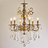 Vintage 6 Arms Crystal Chandelier Candle Light Fixture for Dining Room Living Room Bedroom Hallway Entryway Antique Gold Fini