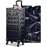 BYOOTIQUE 4in1 Rolling Makeup Train Case on Wheels Large Cosmetic Travel Organizer Eyelash Storage Box for Nail Tech Beauty Salon Manicurist Barbershop,Mermaid Black