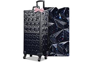 BYOOTIQUE 4in1 Rolling Makeup Train Case on Wheels Large Cosmetic Travel Organizer Eyelash Storage Box for Nail Tech Beauty Salon Manicurist Barbershop,Mermaid Black